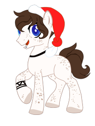 Size: 1202x1589 | Tagged: safe, artist:darktailsko, oc, oc only, oc:yeet, earth pony, pony, 2023 community collab, derpibooru community collaboration, choker, christmas, cute, freckles, hat, holiday, lip piercing, male, markings, open mouth, piercing, santa hat, simple background, solo, stallion, trans male, transgender, transparent background, wristband