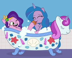 Size: 1920x1547 | Tagged: safe, artist:grapefruit-face, derpibooru exclusive, izzy moonbow, pipp petals, pegasus, pony, unicorn, g5, my little pony: tell your tale, base used, bath, bathtub, bubble, eyes closed, female, fetish, happy, hoof fetish, hoof licking, laughing, lesbian, licking, one eye closed, sharing a bath, ship:moonpetals, shipping, tongue out, wink
