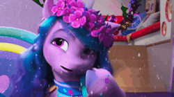 Size: 1280x716 | Tagged: safe, screencap, izzy moonbow, pony, unicorn, g5, my little pony: make your mark, my little pony: make your mark chapter 3, winter wishday, spoiler:g5, spoiler:winter wishday, animated, derp, eyebrows, fake antlers, female, floral head wreath, flower, flower in hair, frown, mare, nope, smiling, snow, solo, sound, talking, teeth, thinking, tree branch, webm, wreath