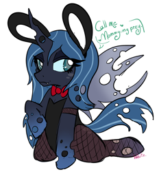 Size: 2785x3001 | Tagged: safe, artist:lolkitz, oc, oc only, oc:sylvara, changeling, changeling queen, bowtie, bunny ears, bunny suit, changeling queen oc, clothes, costume, dialogue, dressup, fangs, female, fishnet stockings, high res, horn, kneeling, mommy kink, ripped stockings, simple background, solo, stockings, thigh highs, torn clothes, white background, ych example, your character here