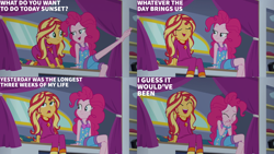 Size: 4400x2475 | Tagged: safe, edit, edited screencap, editor:quoterific, screencap, pinkie pie, sunset shimmer, human, equestria girls, equestria girls series, g4, sunset's backstage pass!, spoiler:eqg series (season 2), barefoot, caption, clothes, covering mouth, duo, duo female, feet, female, laughing, nightgown, one leg raised, pajamas, raised leg, text