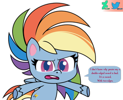 Size: 2012x1653 | Tagged: safe, artist:kuren247, rainbow dash, pegasus, pony, g4.5, my little pony: pony life, arms spread out, bipedal, confused, looking at you, show accurate, simple background, solo, speech bubble, talking, talking to viewer, text, transparent background, vector, watermark