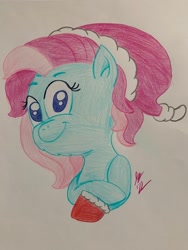 Size: 1536x2048 | Tagged: safe, artist:jesslmc16, minty, earth pony, pony, a very minty christmas, g3, bust, chest fluff, christmas, christmas stocking, clothes, colored, colored hooves, colored pencil drawing, colored pupils, crossed arms, drawing, fluffy, hat, holiday, looking at you, portrait, santa hat, smiling, smiling at you, socks, solo, traditional art