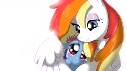 Size: 1600x889 | Tagged: safe, artist:feather-ponyart, rainbow dash, oc, oc:sunset breeze, pegasus, pony, g4, 2012, crying, duo, duo female, female, filly, foal, mare, parent, rainbow mom, sad, simple background, white background