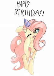 Size: 2480x3508 | Tagged: safe, artist:solid shrimp, fluttershy, pegasus, pony, g4, birthday, female, hat, high res, mare, open mouth, party hat, simple background, sleepy, solo, white background, wingless