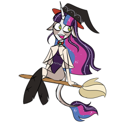 Size: 900x900 | Tagged: safe, artist:fuckomcfuck, oc, oc only, oc:juniper sage, unicorn, anthro, boots, broom, flying, flying broomstick, hat, shoes, simple background, solo, transparent background, witch hat