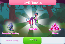 Size: 1268x858 | Tagged: safe, gameloft, idw, cosmos, draconequus, g4, bundle, bush, claws, costs real money, english, evil bundle, female, gem, horns, idw showified, numbers, sale, solo, text, thorn, tree