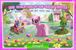 Size: 1962x1298 | Tagged: safe, gameloft, idw, cherry blossom (g4), earth pony, pony, g4, advertisement, bush, cart, cherry, coin, english, female, flower, food, gem, idw showified, mare, solo, text, tree