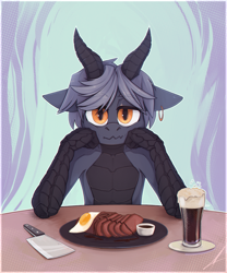 Size: 3000x3600 | Tagged: safe, artist:midnightflight, oc, oc only, oc:mattie banshee, dracony, dragon, hybrid, anthro, alcohol, anthro oc, beer, birthday, dracony oc, dragoness, ear piercing, egg (food), female, food, high res, horns, meat, piercing, solo