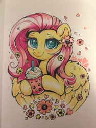 Size: 768x1024 | Tagged: safe, artist:confetticakez, fluttershy, pegasus, pony, g4, blushing, cherry blossoms, cup, cute, drinking straw, female, flower, flower blossom, flower in hair, mare, shyabetes, smoothie, solo, sparkly eyes, traditional art, wingding eyes