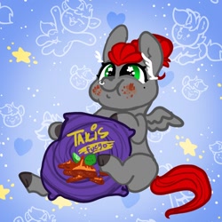 Size: 1000x1000 | Tagged: safe, artist:nootaz, oc, oc only, oc:void, pegasus, pony, abstract background, bag, eating, female, food, mare, nose piercing, nose ring, piercing, puffy cheeks, sitting, solo, takis