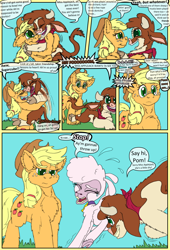 Size: 1080x1584 | Tagged: safe, artist:firefanatic, applejack, arizona (tfh), pom (tfh), cow, earth pony, lamb, pony, sheep, them's fightin' herds, g4, adorable distress, calf, community related, crying, cute, dialogue, distressed, fanart, hug, pushing, talking, video game