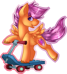 Size: 2306x2529 | Tagged: safe, artist:chvrchgrim, scootaloo, pegasus, pony, g4, cute, cutealoo, cutie mark crusaders, fanart, female, filly, foal, high res, scooter, simple background, small wings, smiling, transparent background, wings, young