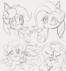 Size: 1187x1283 | Tagged: safe, artist:dotkwa, fluttershy, oc, oc:deary dots, earth pony, pegasus, pony, g4, birthday, bound wings, canon x oc, cuddling, dialogue, duo, duo female, eyes closed, female, gray background, grayscale, hat, lesbian, mare, monochrome, party hat, party horn, shipping, simple background, wings