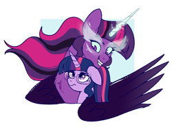 Size: 814x603 | Tagged: safe, artist:lulubell, sci-twi, twilight sparkle, alicorn, human, pony, unicorn, equestria girls, g4, colored horn, colored wings, equestria girls ponified, floppy ears, glasses, horn, looking at each other, looking at someone, midnight sparkle, passepartout, ponified, scared, unicorn sci-twi, wings