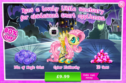 Size: 1960x1296 | Tagged: safe, gameloft, fluttershy, pegasus, pony, robot, robot pony, g4, advertisement, antennae, costs real money, english, female, flutterbot, gem, introduction card, magic coins, mare, monitor, numbers, roboticization, sale, solo, spread wings, text, tree, wings