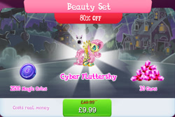 Size: 1270x853 | Tagged: safe, gameloft, fluttershy, pegasus, pony, robot, robot pony, g4, antennae, beauty set, bundle, costs real money, english, female, flutterbot, gem, magic coins, mare, monitor, numbers, roboticization, sale, solo, spread wings, text, tree, wings
