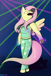 Size: 1800x2700 | Tagged: safe, artist:passionpanther, fluttershy, pegasus, anthro, unguligrade anthro, series:plur is magic, g4, dancing, finger hooves, glowstick, neon, party, rave, solo