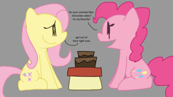 Size: 1280x720 | Tagged: safe, artist:dewott2501, derpibooru exclusive, fluttershy, pinkie pie, earth pony, pegasus, pony, g4, cake, duo, duo female, female, food, mare, simple background, speech bubble