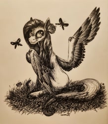 Size: 2849x3267 | Tagged: safe, artist:cahandariella, fluttershy, butterfly, pegasus, pony, snake, g4, flower, flower in hair, high res, ink drawing, inktober, looking at you, monochrome, solo, traditional art