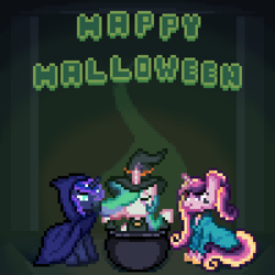 Size: 2100x2100 | Tagged: safe, artist:mariothepixelarter, princess cadance, princess celestia, princess luna, alicorn, pony, g4, cauldron, cloak, clothes, costume, female, halloween, halloween costume, happy halloween, hat, high res, mare, pixel art, trio, witch hat