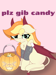 Size: 1080x1440 | Tagged: safe, artist:sodapop sprays, oc, oc:bricc, oc:sodapop sprays, pegasus, pony, succubus, bat wings, clothes, costume, female, fishnet stockings, halloween, halloween costume, holiday, horns, mare, pumpkin, pumpkin bucket, simple background, solo, wings