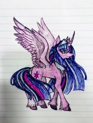 Size: 1536x2048 | Tagged: safe, artist:pyro-millie, twilight sparkle, alicorn, pony, g4, the last problem, alternate design, colored, crown, curved horn, glasses, graph paper, grey hair, hooves, horn, jewelry, leg fluff, long mane, looking forward, older, older twilight, older twilight sparkle (alicorn), pen drawing, pen sketch, peytral, photo, princess twilight 2.0, regalia, silver, sketch, slender, solo, spread wings, striped mane, striped tail, tail, tall, thin, traditional art, twilight sparkle (alicorn), unshorn fetlocks, walking, wing fluff, wings