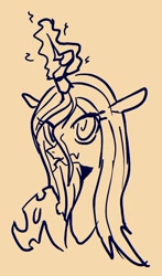Size: 522x889 | Tagged: safe, artist:maren, queen chrysalis, changeling, changeling queen, g4, 2012, bust, doodle, female, glowing, glowing horn, horn, monochrome, old art, solo, tongue out, wavy mouth