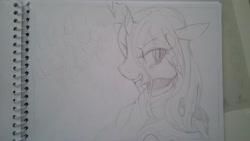 Size: 2080x1170 | Tagged: safe, artist:maren, queen chrysalis, changeling, changeling queen, g4, 2017, bust, clothes, doodle, female, grin, old art, pencil drawing, smiling, solo, traditional art
