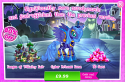 Size: 1964x1292 | Tagged: safe, gameloft, princess luna, alicorn, pony, robot, robot pony, g4, advertisement, barn, bush, costs real money, english, female, gem, introduction card, mare, numbers, princess lunabot, roboticization, s1 luna, sale, solo, spread wings, text, tree, wings