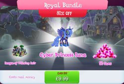 Size: 1266x860 | Tagged: safe, gameloft, princess luna, alicorn, pony, robot, robot pony, g4, barn, bundle, bush, costs real money, english, female, gem, mare, numbers, princess lunabot, roboticization, royal bundle, s1 luna, sale, solo, spread wings, text, tree, wings