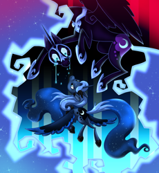 Size: 1000x1085 | Tagged: safe, artist:themiles, nightmare moon, princess luna, alicorn, pony, g4, abstract background, colored wings, crying, duality, ethereal mane, ethereal tail, female, flying, looking at each other, looking at someone, mare, poem in the description, rear view, tail, two toned wings, wide eyes, wings