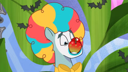 Size: 3072x1727 | Tagged: safe, screencap, rufus, earth pony, pony, g5, my little pony: tell your tale, nightmare night party, spoiler:g5, spoiler:my little pony: tell your tale, spoiler:tyts01e30, apple, apple bobbing, clown, clown makeup, clown nose, food, high res, male, red nose, solo, stallion, youtube link