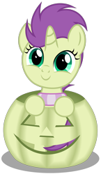 Size: 2090x3610 | Tagged: safe, artist:strategypony, oc, oc only, oc:sky spark, pony, unicorn, clothes, cute, female, filly, foal, halloween, high res, holiday, horn, jack-o-lantern, looking at you, pumpkin, scarf, simple background, solo, standing, striped scarf, transparent background, unicorn oc