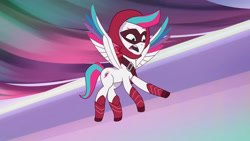 Size: 3072x1727 | Tagged: safe, screencap, zipp storm, pegasus, pony, g5, my little pony: tell your tale, nightmare night party, spoiler:g5, spoiler:my little pony: tell your tale, spoiler:tyts01e30, clothes, costume, female, flying, halloween, halloween costume, high res, holiday, mare, open mouth, solo, spread wings, wings, youtube link