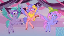 Size: 3072x1727 | Tagged: safe, screencap, cherry flyaway, nightracer, shiny sparks, pegasus, pony, g5, my little pony: tell your tale, nightmare night party, spoiler:g5, spoiler:my little pony: tell your tale, spoiler:tyts01e30, female, flying, high res, mare, open mouth, open smile, smiling, spread wings, trio, wings, youtube link