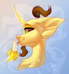 Size: 2812x3000 | Tagged: safe, artist:shinoshai, oc, pony, unicorn, abstract background, banana, bust, commission, ear fluff, facial hair, fluffy, food, gradient background, high res, licking, looking at you, magic, portrait, signature, smiling, solo, telekinesis, tongue out