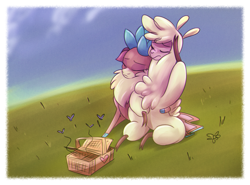 Size: 1488x1101 | Tagged: safe, artist:thescornfulreptilian, paprika (tfh), velvet (tfh), alpaca, deer, insect, moth, reindeer, them's fightin' herds, basket, cloven hooves, community related, doe, duo, female, grass, grass field, picnic basket