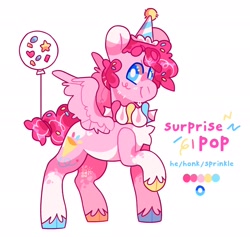 Size: 2048x1943 | Tagged: safe, artist:cocopudu, pinkie pie, oc, oc only, oc:surprise pop, pegasus, pony, balloon, cloven hooves, hat, kinsona, male, not pinkie pie, party hat, simple background, smiling, solo, spread wings, stallion, unshorn fetlocks, white background, wings
