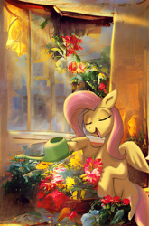 Size: 2271x3431 | Tagged: safe, ai assisted, ai content, artist:neoshrek, fluttershy, pegasus, pony, g4, cottagecore, cute, eyes closed, flower, fluttershy's cottage, high res, open mouth, open smile, shyabetes, smiling, solo, spread wings, watering can, wings
