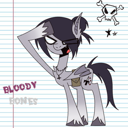 Size: 1379x1380 | Tagged: safe, artist:kysvil_xoxo, oc, oc:bloody bones, bat pony, bat pony oc, cloven hooves, cross, inverted cross, jewelry, lined paper, necklace, open mouth, open smile, salute, satchel, skull and crossbones, smiling, stars