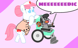 Size: 1054x648 | Tagged: safe, nurse redheart, octavia melody, earth pony, pony, g4, /mlp/ tf2 general, clothes, duo, female, mare, medic, medic (tf2), simple background, speech bubble, team fortress 2, wheelchair