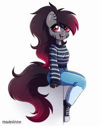 Size: 2000x2500 | Tagged: safe, artist:madelinne, oc, oc only, oc:madelinne, anthro, anthro oc, boots, clothes, converse, cute, denim, happy, high res, jeans, nails, pants, shoes, simple background, sitting, solo, sweater, white background