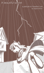Size: 648x1080 | Tagged: safe, artist:derpiihooves, oc, pony, unicorn, comic:a beautiful sonnet, 2012, cloak, clothes, comic, cover, lightning, male, monochrome, old art, rain, rear view, running, solo, stallion