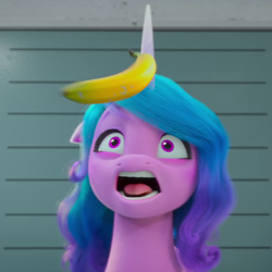 Size: 1080x1080 | Tagged: safe, screencap, izzy moonbow, pony, unicorn, g5, growing pains, my little pony: make your mark, my little pony: make your mark chapter 2, spoiler:my little pony: make your mark chapter 2, spoiler:mymc02e02, banana, cropped, female, food, height scale, looking at something, mare, open mouth, solo, uvula