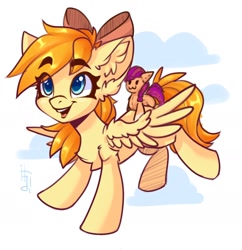 Size: 1614x1668 | Tagged: safe, artist:falafeljake, sunny starscout, oc, oc only, oc:deliambre, pegasus, pony, g5, bow, cloud, ear fluff, eyebrows, female, hair bow, happy, mare, plushie, simple background, smiling, solo