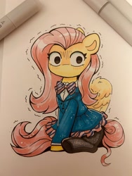 Size: 1536x2048 | Tagged: safe, artist:confetticakez, fluttershy, pegasus, pony, g4, anime, anxiety, bowtie, clothes, cute, dress, emanata, female, flutter can't communicate, jacket, komi can't communicate, mare, no mouth, parody, shaking, shirt, shy, shyabetes, sitting, skirt, solo, stockings, thigh highs, traditional art, trembling, wide eyes