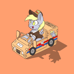 Size: 1668x1668 | Tagged: safe, artist:zeroonesunray, derpy hooves, pegasus, pony, g4, car, cardboard box, commission, female, filly, foal, mailmare, open mouth, sitting, solo, squatpony, ych example, your character here