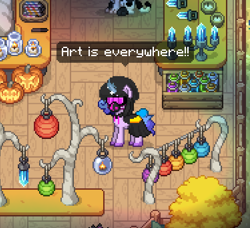 Size: 562x512 | Tagged: safe, izzy moonbow, pony, unicorn, pony town, g5, my little pony: tell your tale, sneaksy strikes again, spoiler:tyts01e34, bottle, box, candle, crystal, female, gas mask, halloween, holiday, hood, jack-o-lantern, lantern, mare, mask, pumpkin, sneaksy, that was fast