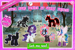 Size: 1962x1304 | Tagged: safe, gameloft, idw, autumn blaze, pony of shadows, princess celestia, rarity, smudge (g4), the headless horse, alicorn, headless horse, kirin, nirik, pony, unicorn, g4, reflections, blank eyes, cloak, cloaked, clothes, crown, curved horn, dark magic, darkness, doctor doomity, evil celestia, evil counterpart, female, fire, glowing, glowing eyes, headless, hood, horn, idw showified, jewelry, magic, male, mane of fire, mare, mask, mirror universe, red eyes, regalia, shadow, spread wings, stallion, tree, tyrant celestia, wings